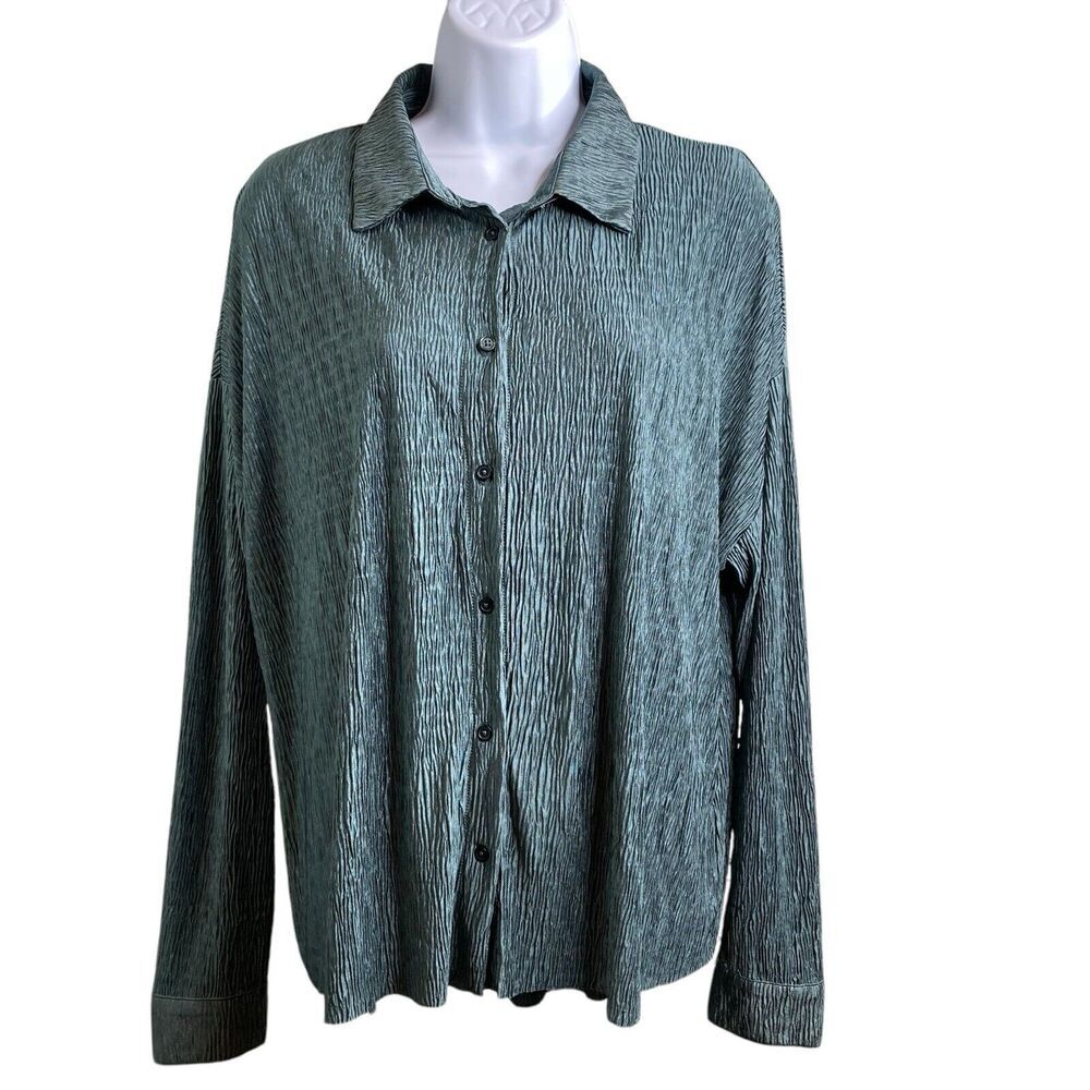 Bailey/44 Women's Teal Textured Crinkled Button Up Shirt Size M Business Casual